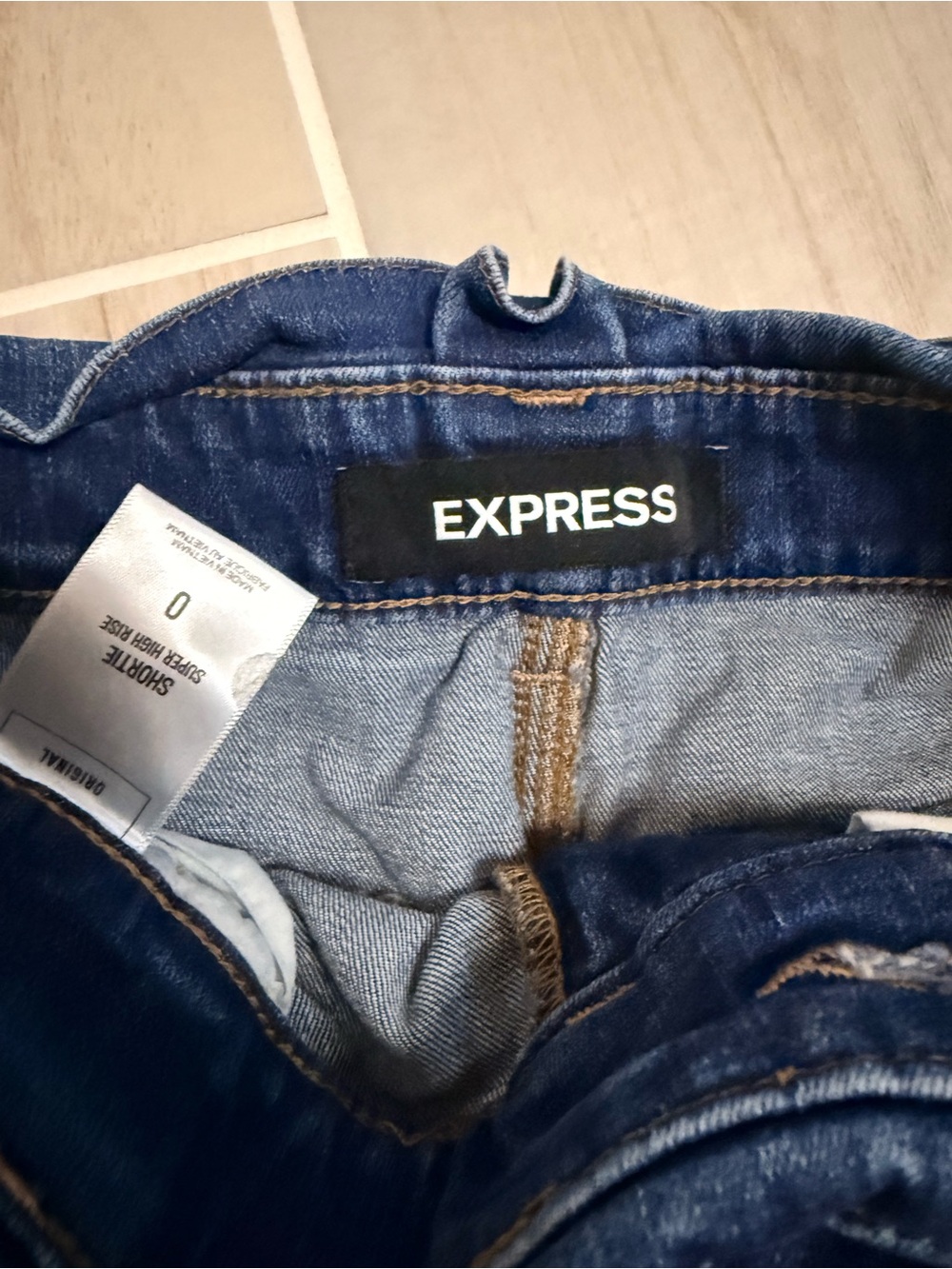 Express Dark Blue Paperbag Waist Denim Shorts with Belt - Picture 3 of 3